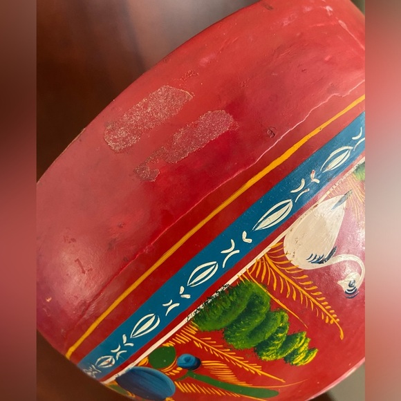 Mexican Red Bowl Multi Color Hand Painted Flowers Swan Bird Folk Art Decor Wood - Picture 5 of 9